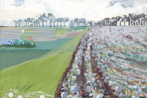 "Cotton Fields" by Courtenay Puckett For Sale 18x24 acrylic painting on canvas with other mixed media, cotton field, modern pastoral scene, Courtenay Puckett artist