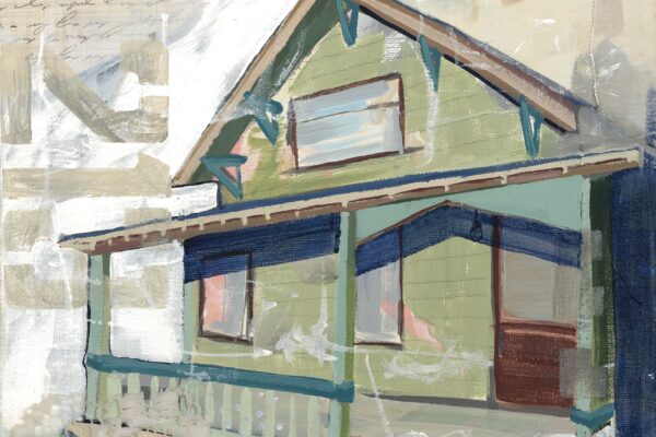 "Craftsman" by Courtenay Puckett For Sale 12x12 acrylic painting with other mixed media, green house, front porch, Courtenay Puckett artist