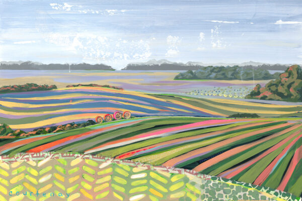 "Journeys" by Courtenay Puckett For sale 24x36 acrylic painting with other mixed media, field, hay bales, modern pastoral scene, Courtenay Puckett artist