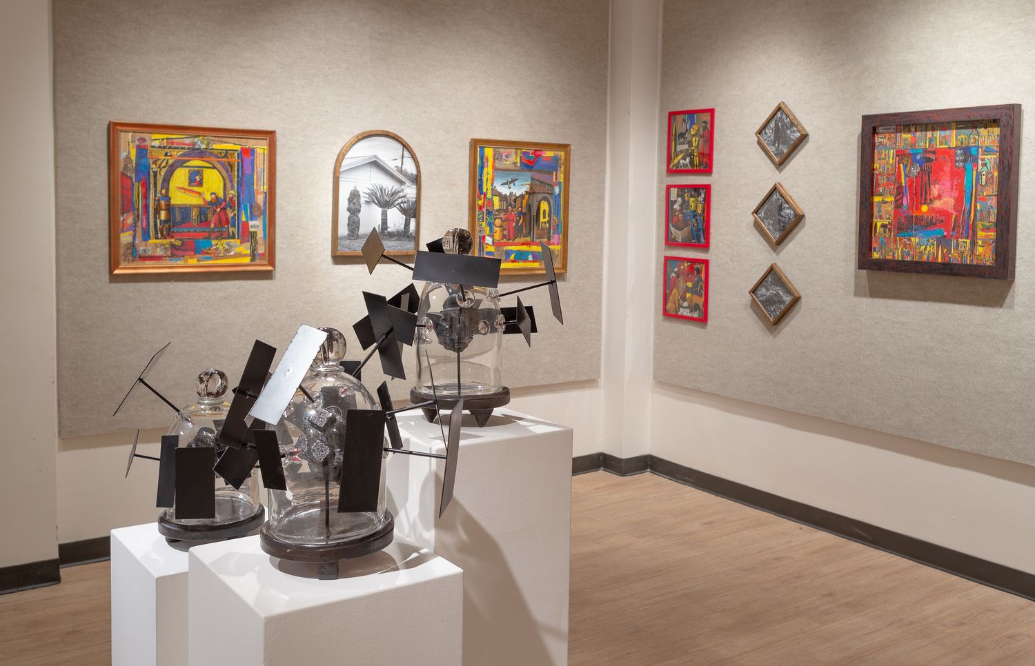 Charles Wells sculpture: blown glass and fabricated steel on a pedestal