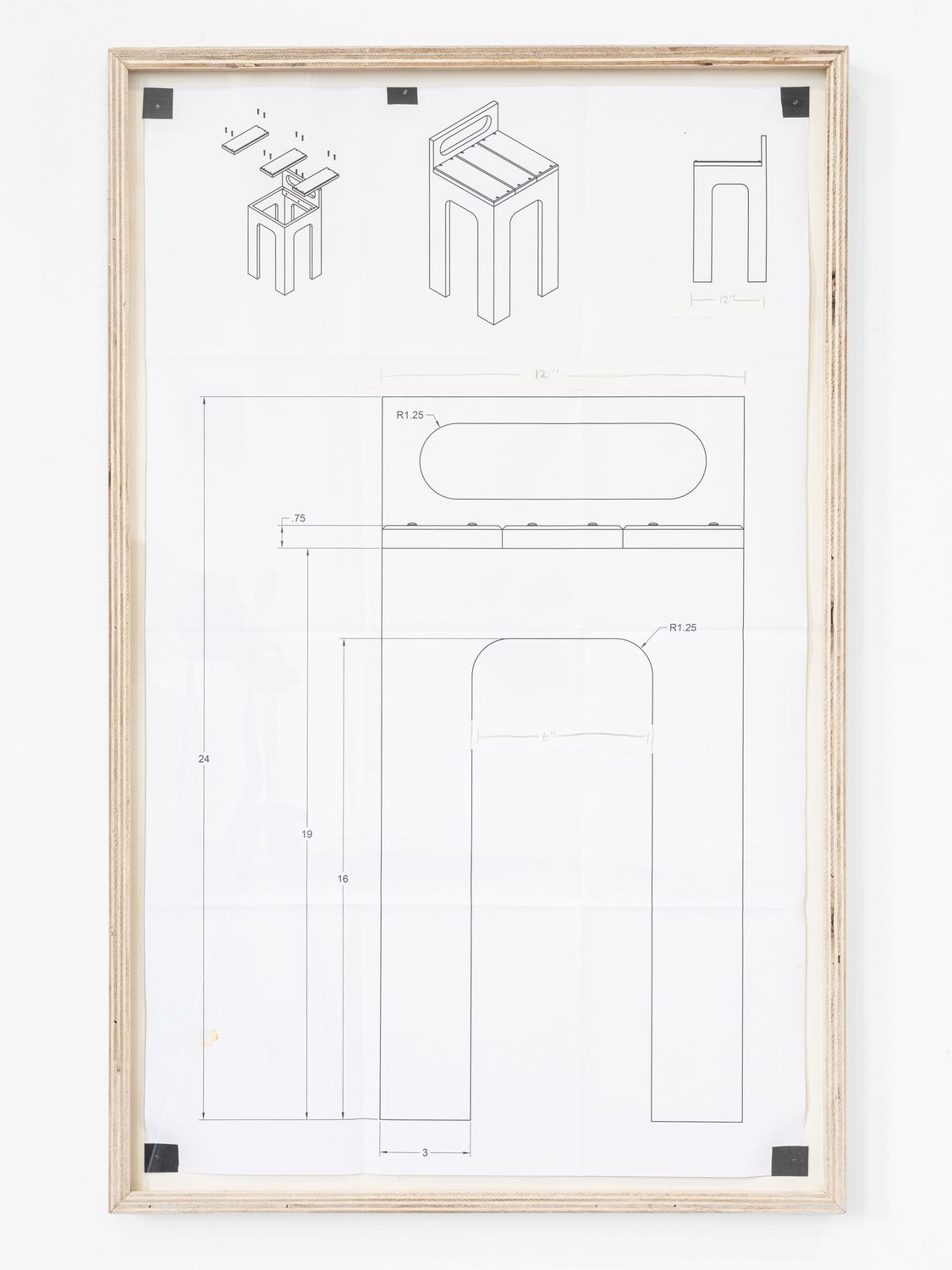 Justin Hodges, Gallery Furniture Exploded View 1: a framed technical drawing of chair parts
