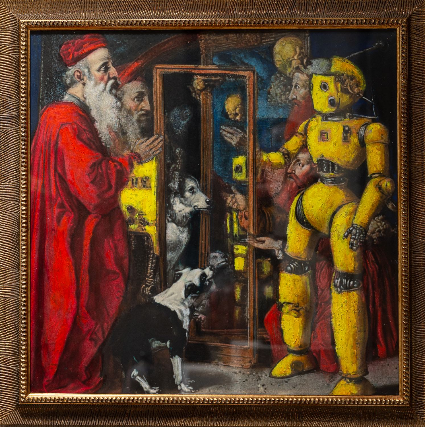 Laurel Robinson painting: robed figures gathered around a yellow automaton