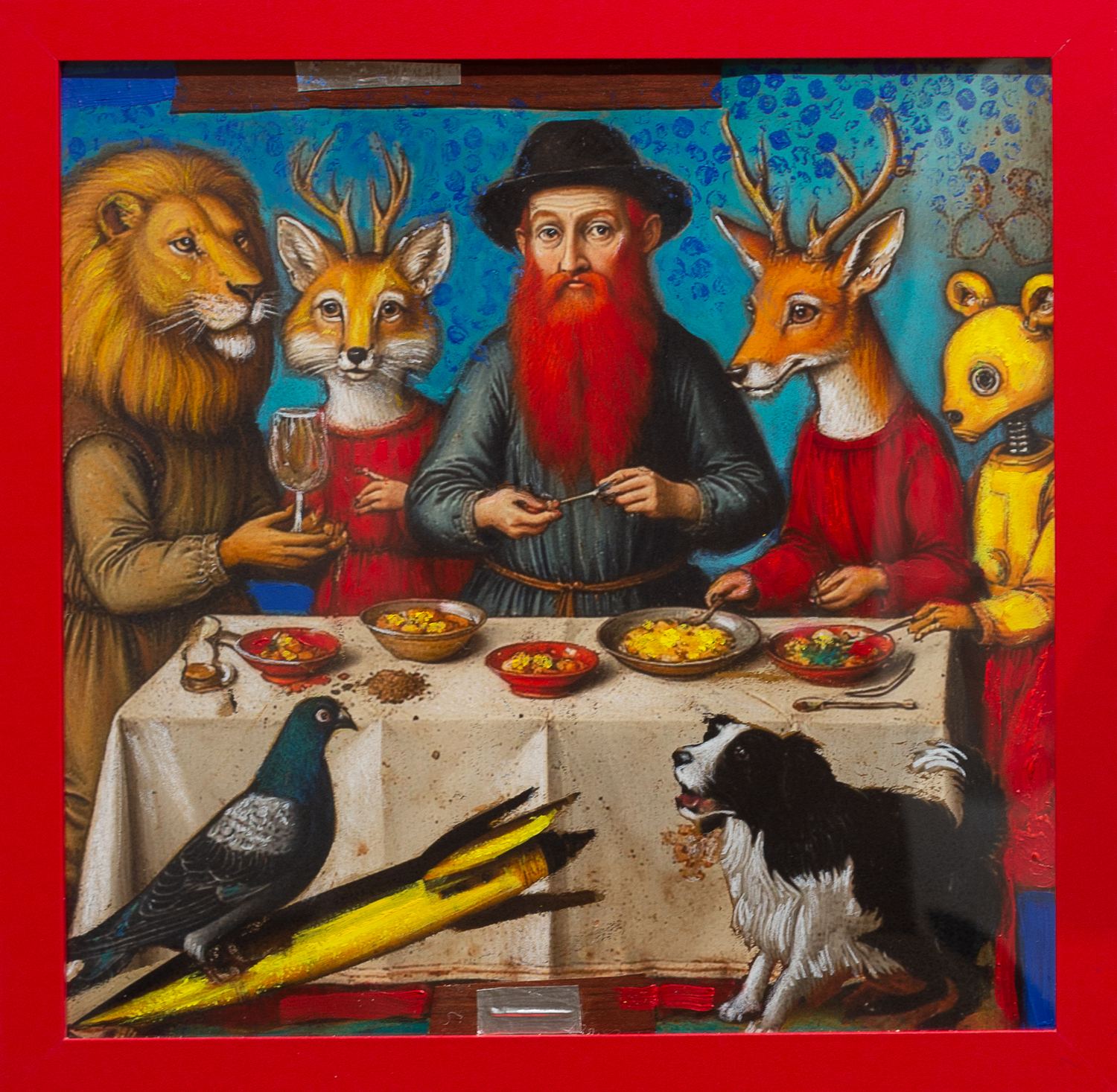 Laurel Robinson painting: a banquet shared by a lion, a fox and a red-bearded man