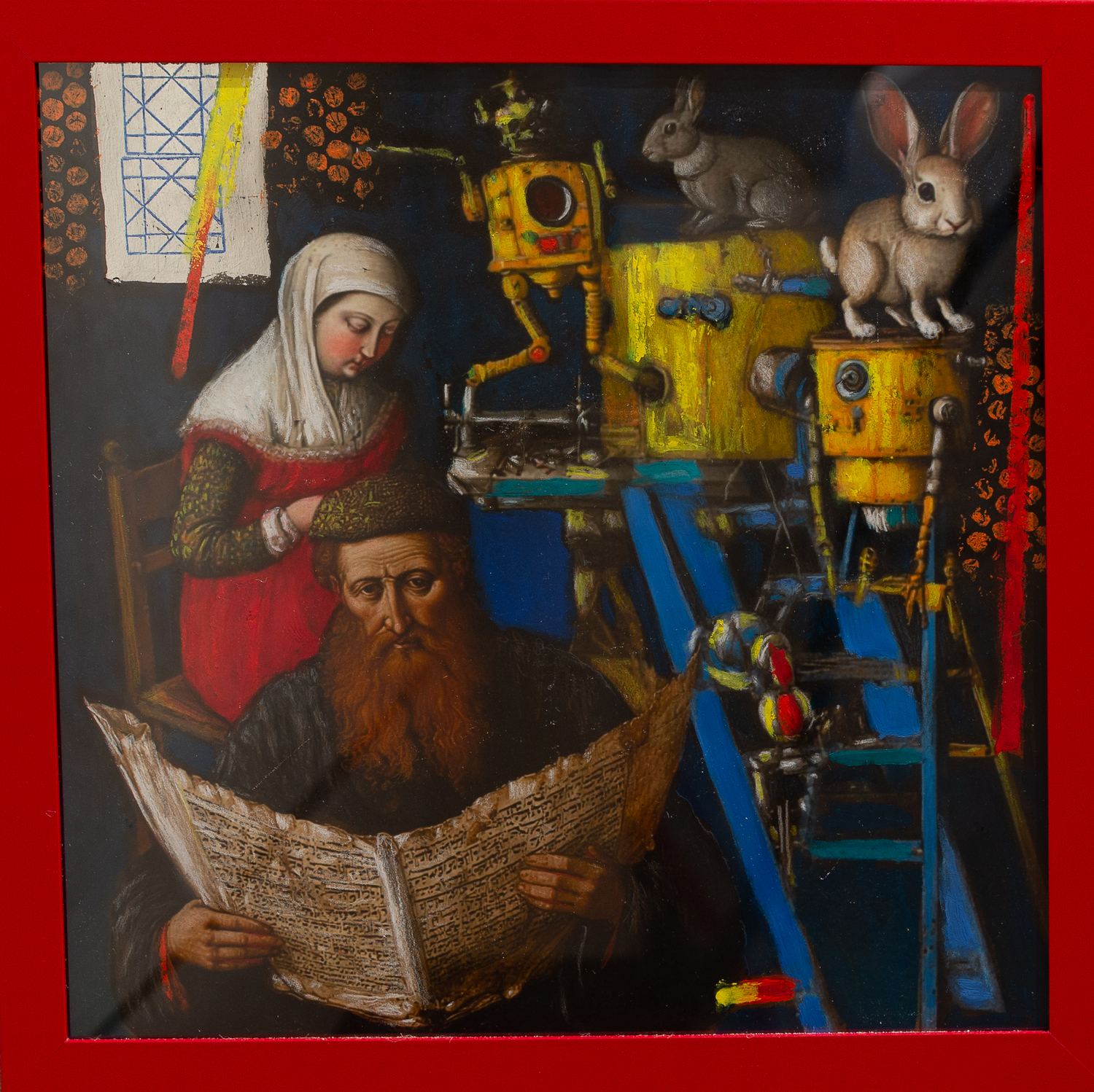 Laurel Robinson painting: a reader with a newspaper beneath rabbits and a blue ladder