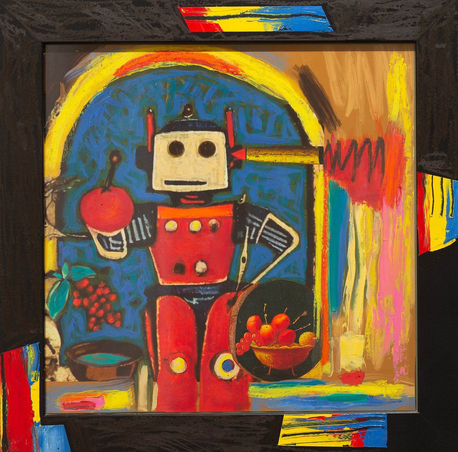 Laurel Robinson painting: a red robot on a cobalt ground in a painted frame