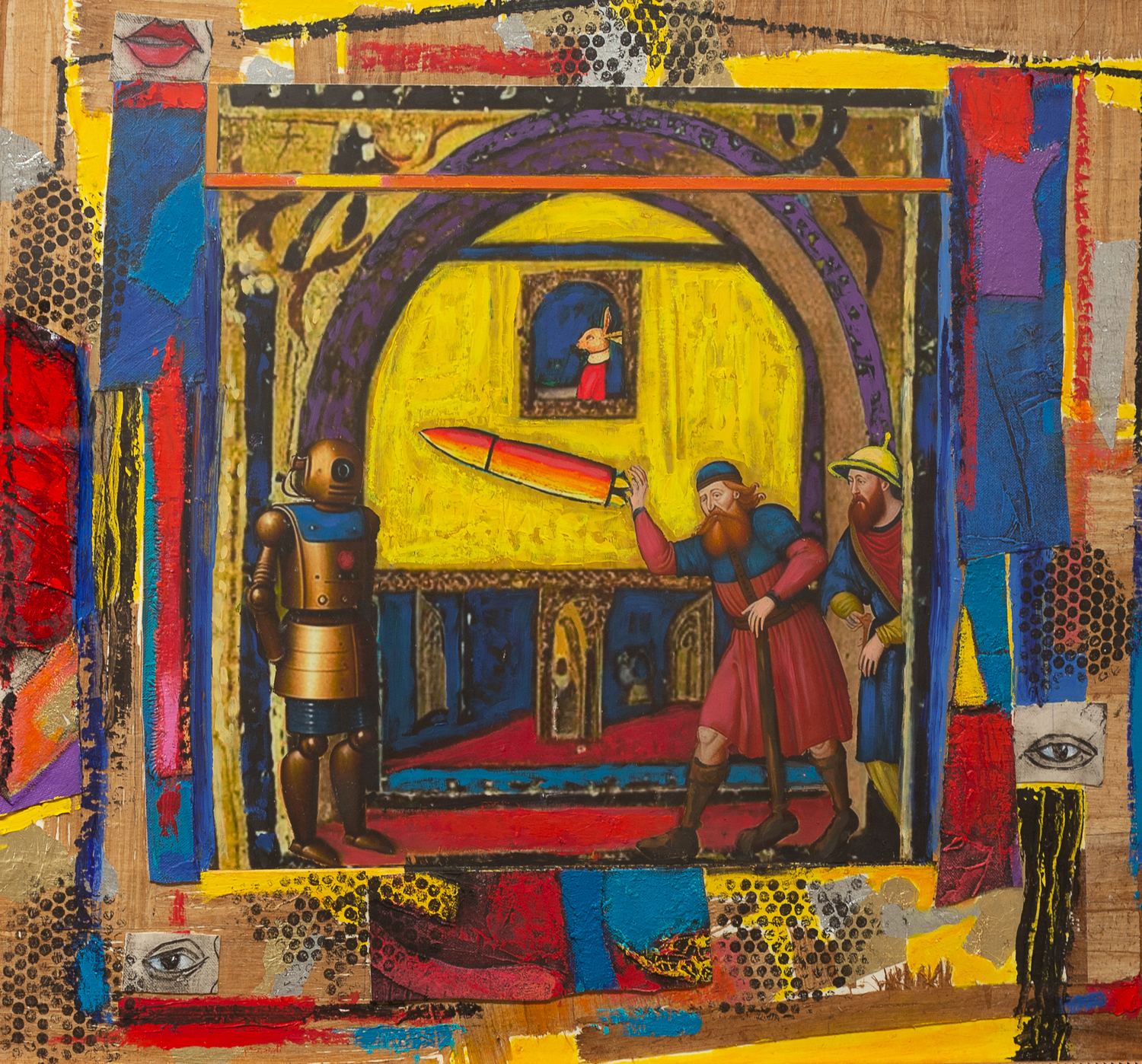 Laurel Robinson painting: an arched interior with figures and falling forms